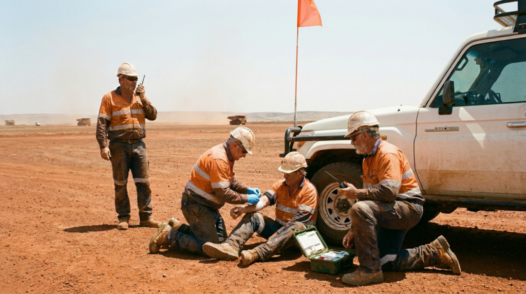 Mine workers in orange hi-vis providing first aid to a colleague beside a light vehicle on a remote WA site