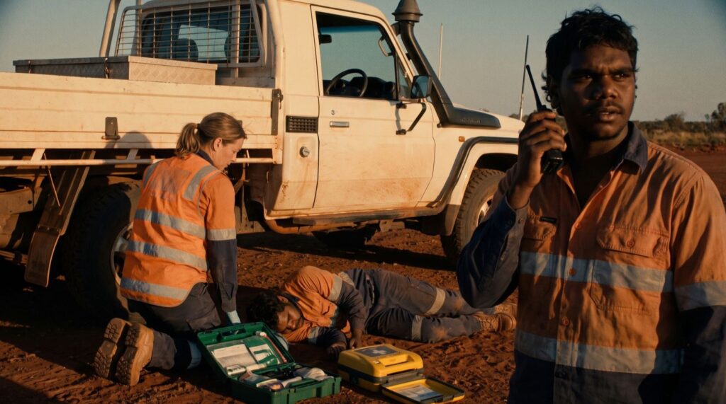 First aid being administered roadside near a ute, cropped to remove vintage frame border