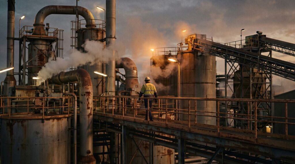 Worker walking through an industrial plant at dusk, cropped to remove vintage frame border