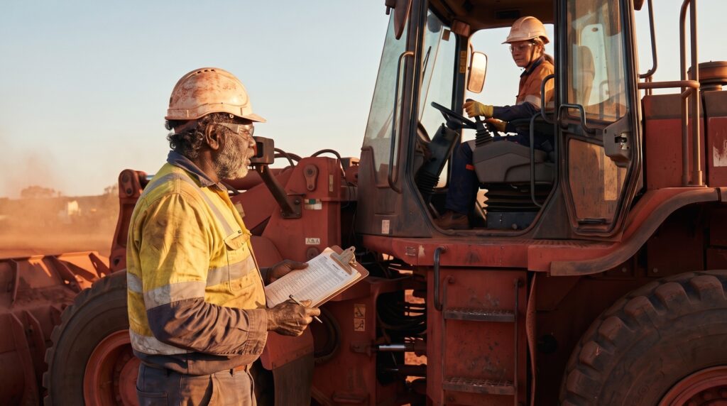 Supervisor observing an operator inside heavy machinery cab, cropped to remove vintage frame border